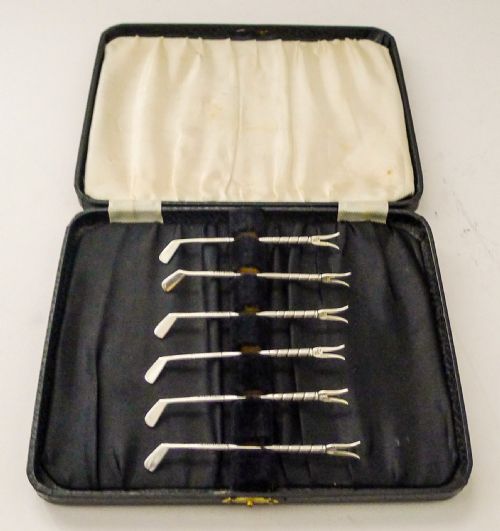 fig 1. Set Six Novelty Solid / Sterling Silver Golf Club Cocktail Sticks