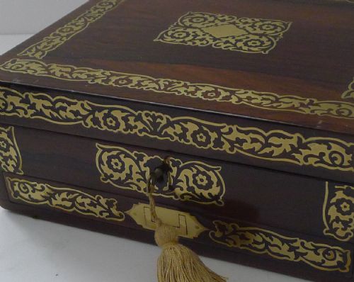 ENGLISH REGENCY ROSEWOOD DESK JEWELLERY BOX CUT BRASS INLAID C1820 - ADDITIONAL PHOTO 1