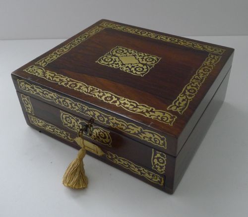 ENGLISH REGENCY ROSEWOOD DESK JEWELLERY BOX CUT BRASS INLAID C1820 - ADDITIONAL PHOTO 3