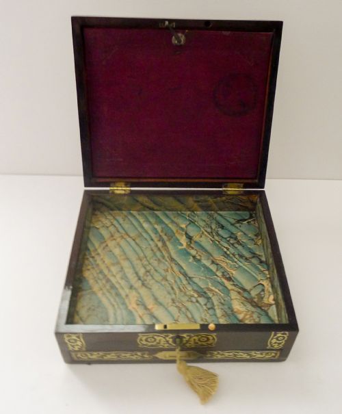 ENGLISH REGENCY ROSEWOOD DESK JEWELLERY BOX CUT BRASS INLAID C1820 - ADDITIONAL PHOTO 9