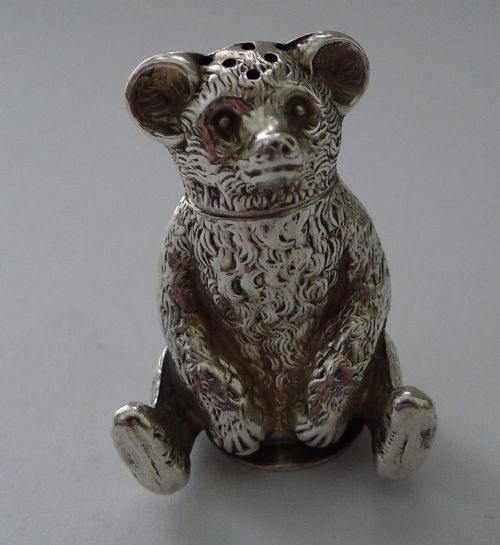Antique English Sterling Silver Teddy Bear Pepper Pot - 1909