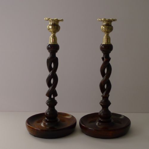 Pair 12 1/2" Antique English Oak Barley Twist Candlesticks - Brass Tops