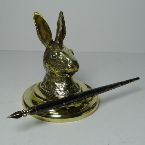 Antique English Novelty / Figural Brass Inkwell - Hare C.1880