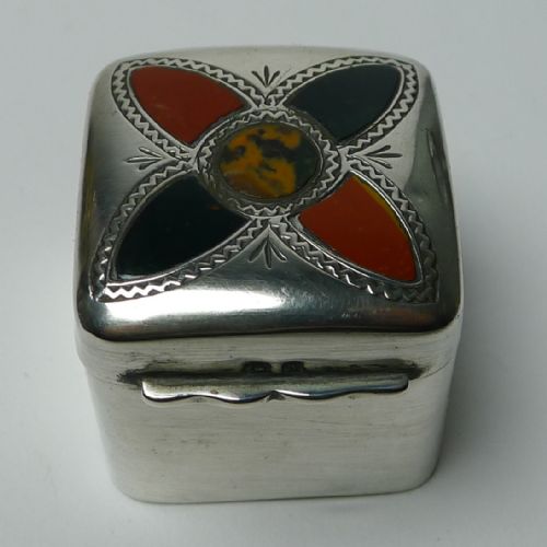fig 1. Rare Small Antique English Silver Box - Agate Inlaid - 1925