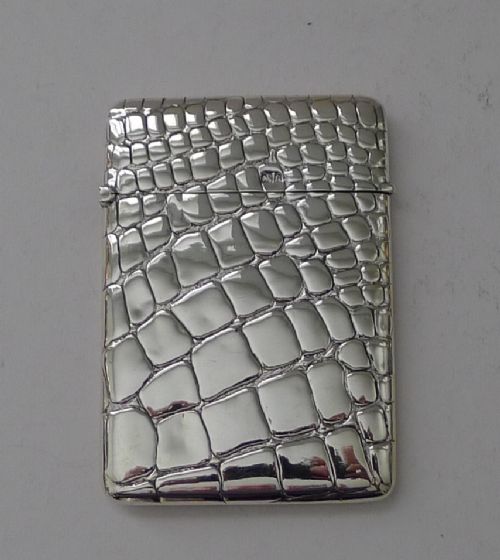 ANTIQUE ENGLISH SILVER CARD CASE CROCODILE SKIN DESIGN 1902