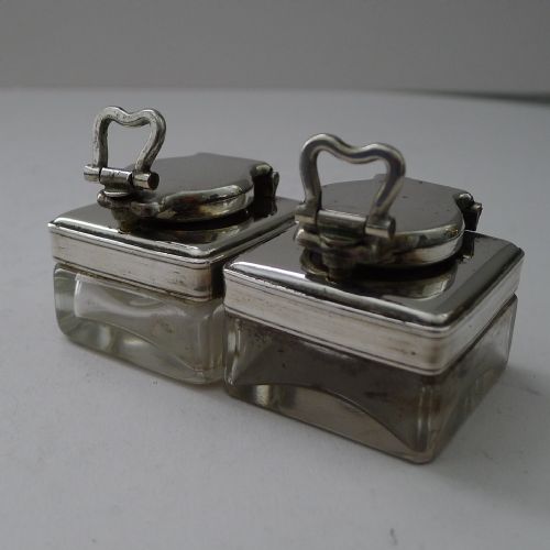 PAIR EARLY VICTORIAN GLASS AND SILVER PLATE TRAVEL INKWELLS C1840