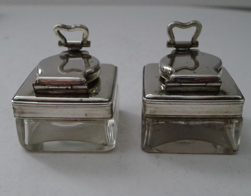 PAIR EARLY VICTORIAN GLASS AND SILVER PLATE TRAVEL INKWELLS C1840 - ADDITIONAL PHOTO 3
