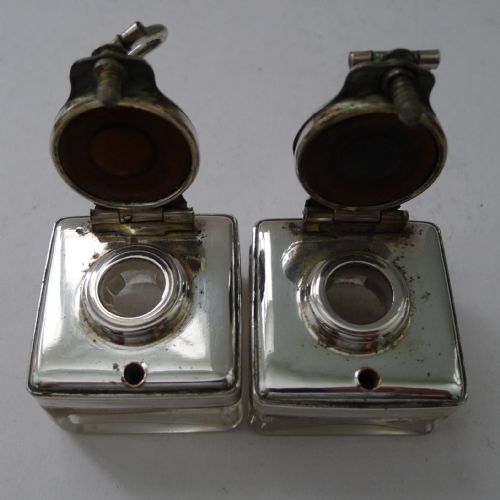 PAIR EARLY VICTORIAN GLASS AND SILVER PLATE TRAVEL INKWELLS C1840 - ADDITIONAL PHOTO 5