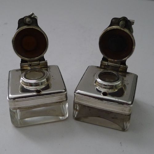 PAIR EARLY VICTORIAN GLASS AND SILVER PLATE TRAVEL INKWELLS C1840 - ADDITIONAL PHOTO 6