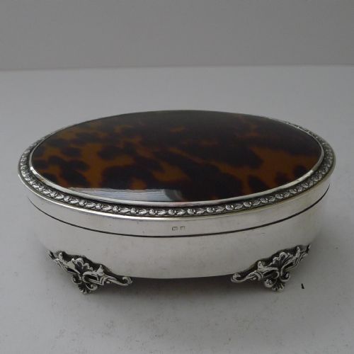 LARGE ANTIQUE ENGLISH STERLING SILVER TORTOISESHELL FITTED JEWELLERY BOX