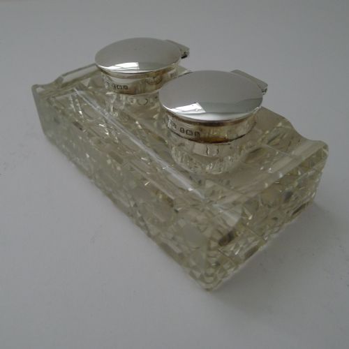 Antique English Cut Glass & Sterling Silver Double Inkwell