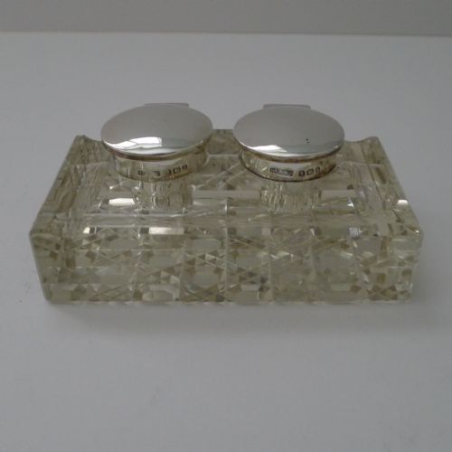 fig 1. Antique English Cut Glass & Sterling Silver Double Inkwell 
