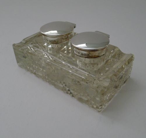 fig 2. Antique English Cut Glass & Sterling Silver Double Inkwell 