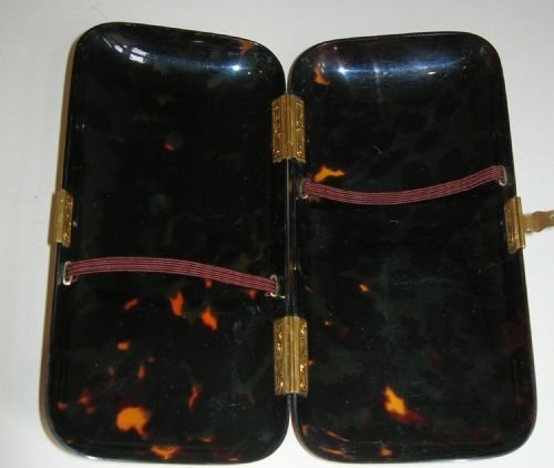 fig 1. Opulent Antique Tortoise Shell Cigar Case - Gold Pique Inlay