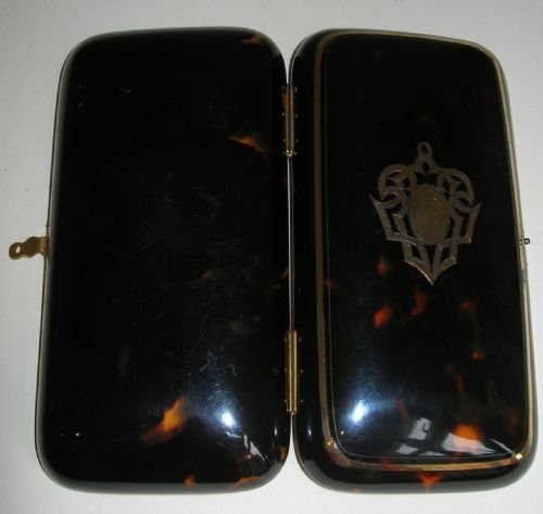 fig 2. Opulent Antique Tortoise Shell Cigar Case - Gold Pique Inlay