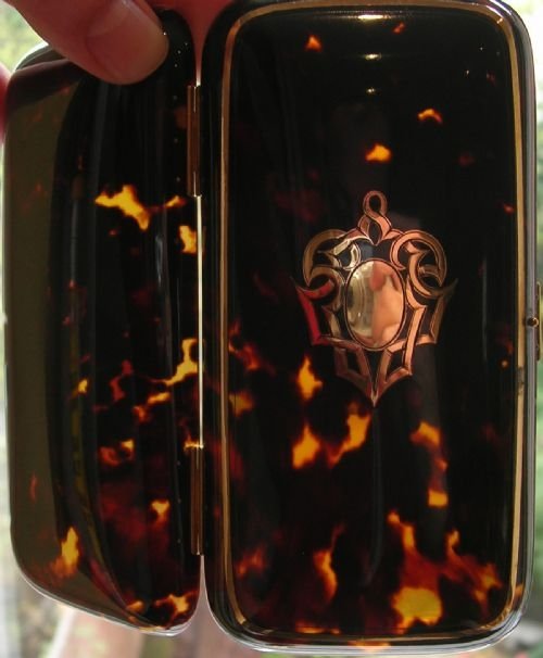 Opulent Antique Tortoise Shell Cigar Case - Gold Pique Inlay