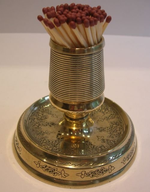 Unusual Decorative Antique English Brass Match Strike / Table Vesta
