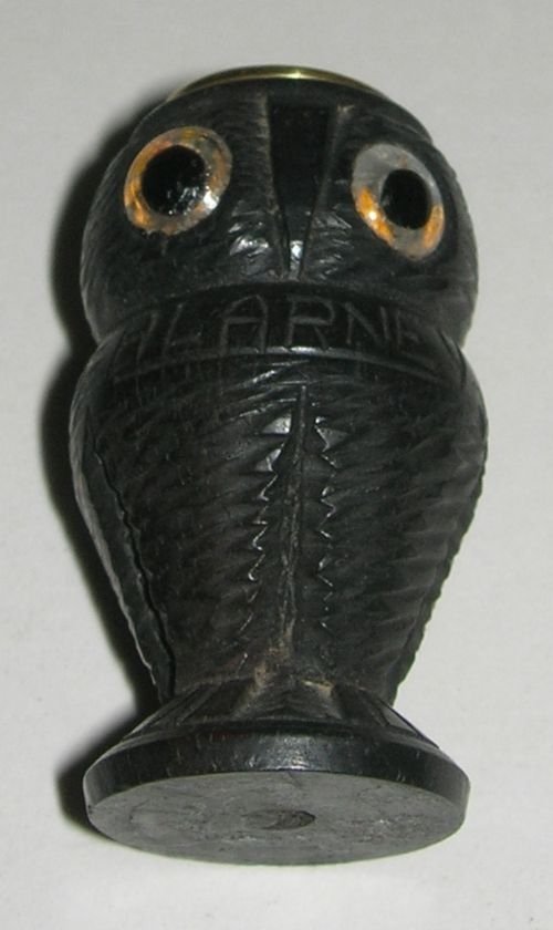 fig 1. Charming Carved Irish Bog Oak Antique Thimble Holder - Owl - Glass Eyes
