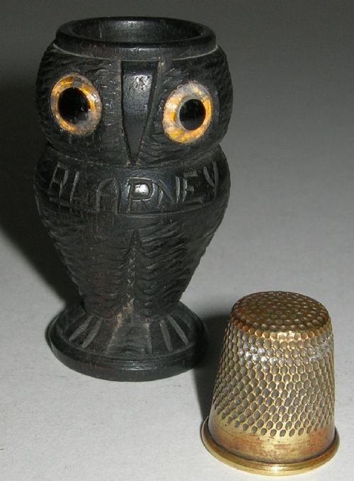 Charming Carved Irish Bog Oak Antique Thimble Holder - Owl - Glass Eyes