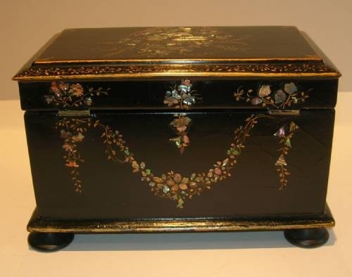 fig 1. Antique Papier Mache Tea Caddy - Fine Pretty Mother of Pearl Inlay
