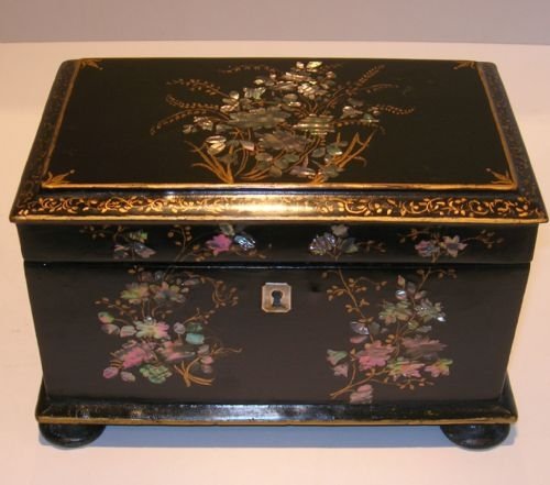 Antique Papier Mache Tea Caddy - Fine Pretty Mother of Pearl Inlay