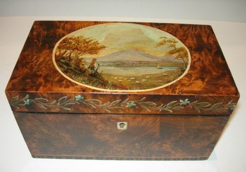 Antique Hand Painted Tea Caddy - Landscape - Rare
