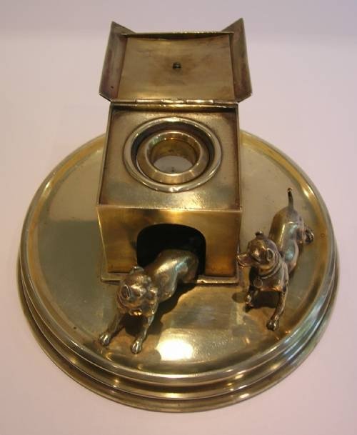 fig 1. Rare Antique Brass Dogs and Kennel Inkwell - Victorian