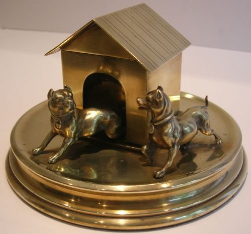 Rare Antique Brass Dogs and Kennel Inkwell - Victorian