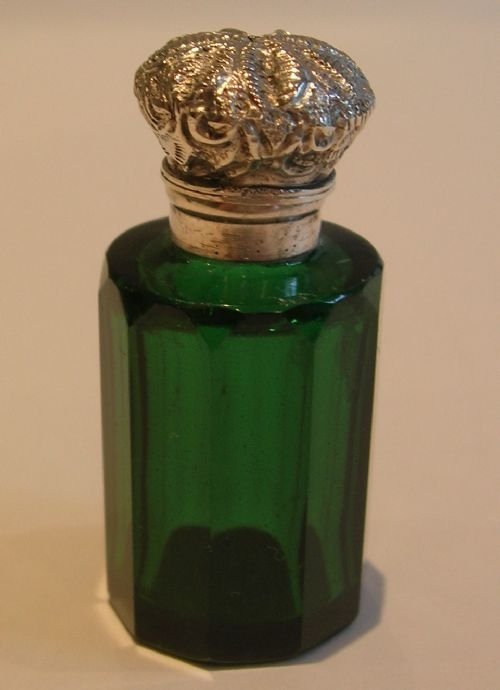 Petite Antique English Victorian Emerald Green and Sterling Silver Perfume Bottle