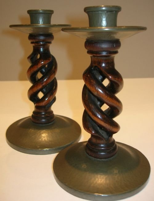 Pair Liberty Tudric Arts and Crafts Candlesticks - Pewter and Oak