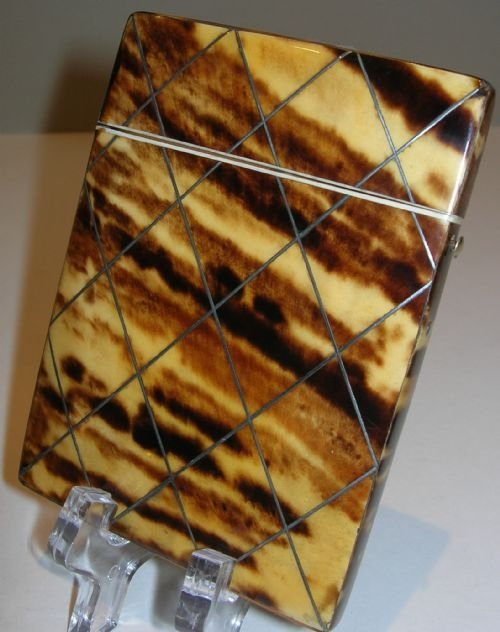Fabulous Antique English Tortoise Shell Card Case - Silver Inlay