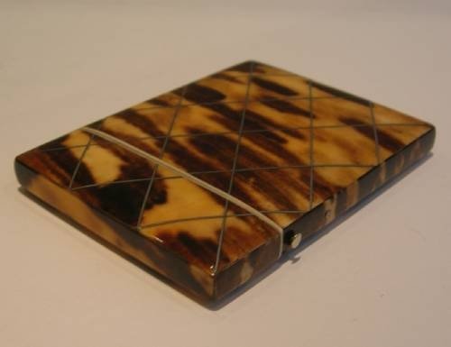 fig 1. Fabulous Antique English Tortoise Shell Card Case - Silver Inlay
