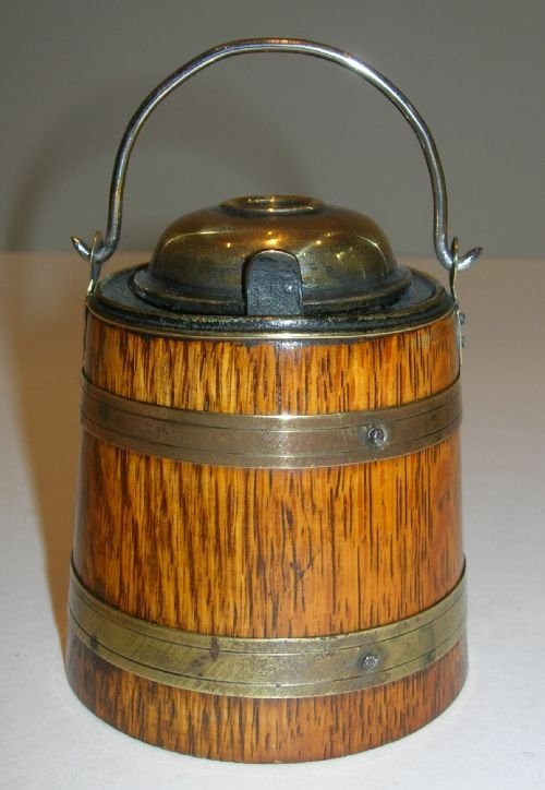Rare Oak and Brass Coopered " Milk Churn " Travelling Inkwell