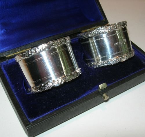 Top Quality English Victorian Sterling Silver Napkin Rings - Boxed Pair