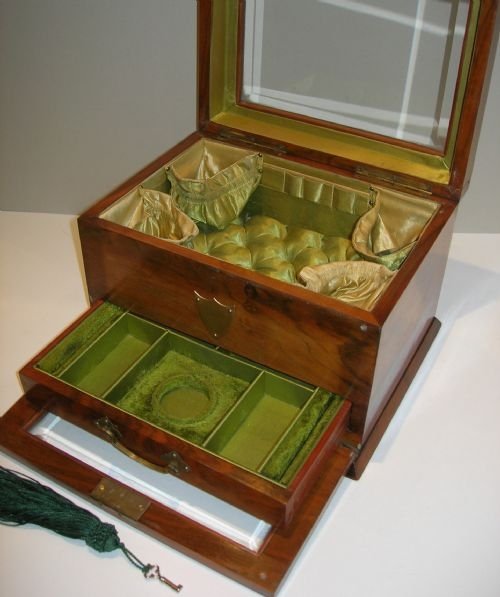 Large Antique Walnut / Glass Combined Sewing / Jewelry Box