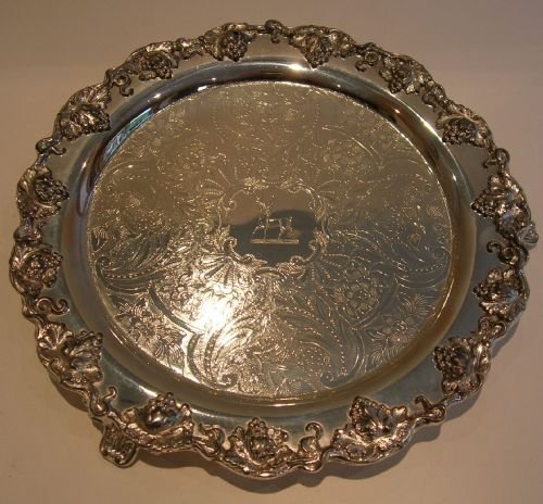 Victorian English Silver Plated Salver - Cast Grape and Vine Border