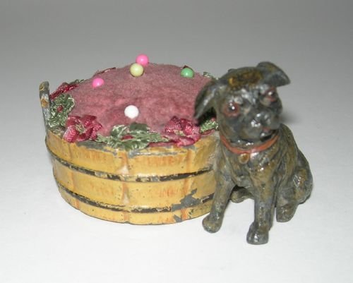 Antique Novelty Hand Painted Spelter Pin Cushion - Figural - Dog - Pug