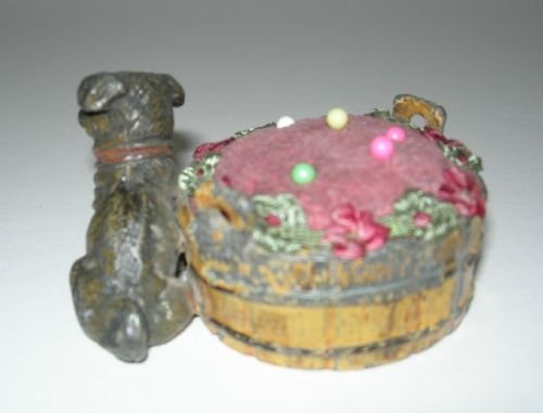 fig 1. Antique Novelty Hand Painted Spelter Pin Cushion - Figural - Dog - Pug
