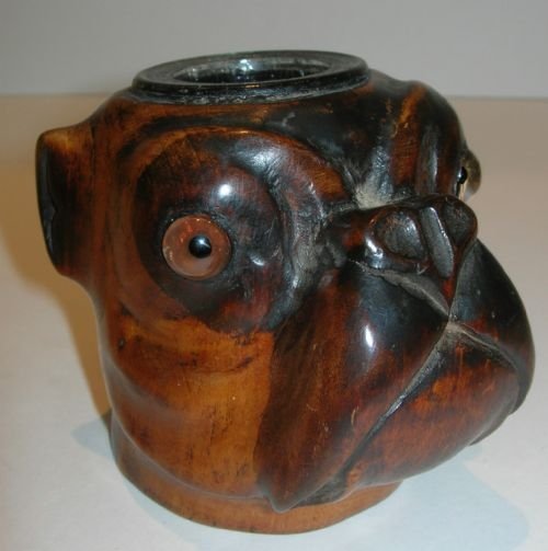 Antique Hand Carved Black Forest Figural Inkwell - Dog - Boxer