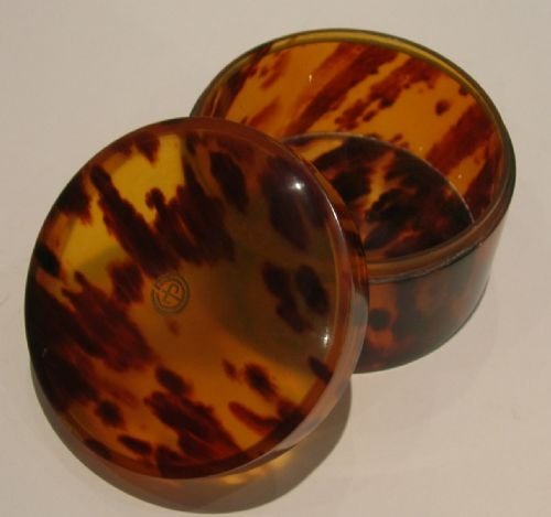Handsome Large Antique Tortoise Shell Powder Box - Gold Initial