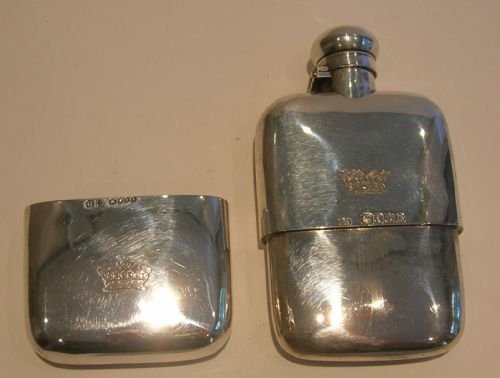 fig 1. English Victorian Sterling Silver Flask and Cup - Engraved Baronet's Crown - 1885