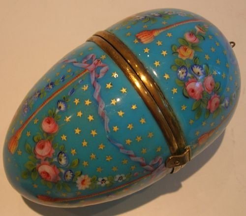 Stunning Antique Large Hand Painted Enamel Egg Box