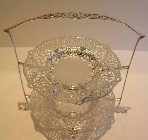 Pierced / Reticulated Antique Two Tier Cake Stand - Silver Plated - Edwardian