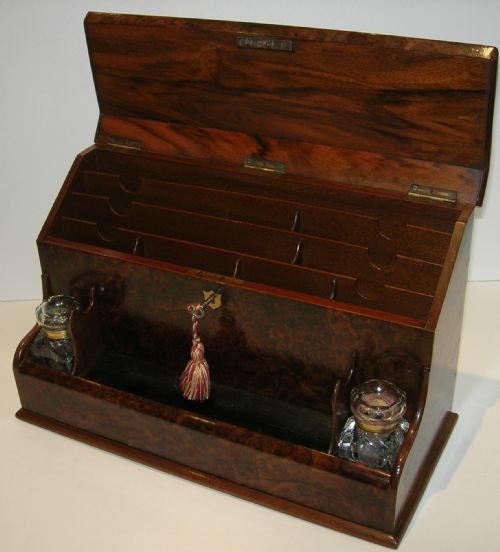 fig 1. Magnificent Large Burl Walnut Stationery / Writing Box / Inkstand