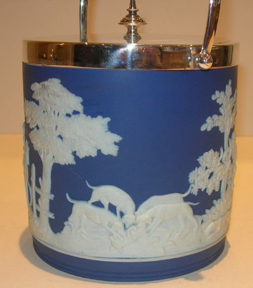 fig 1. Antique Wedgwood Jasperware Biscuit Barrel / Cookie Jar - Fox Hunt