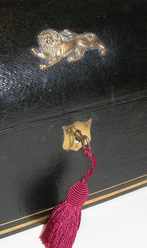 fig 1. Antique English Leather Stationery Box - Handsome British Lion Mount
