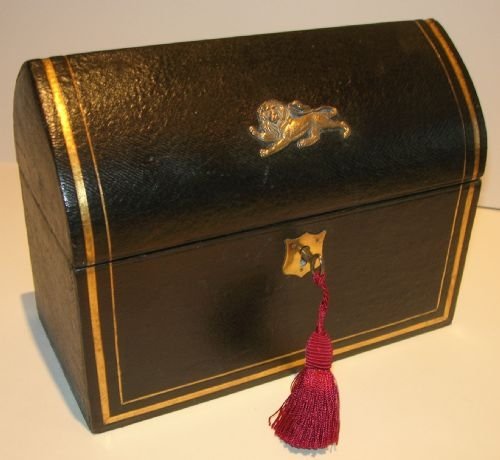 Antique English Leather Stationery Box - Handsome British Lion Mount