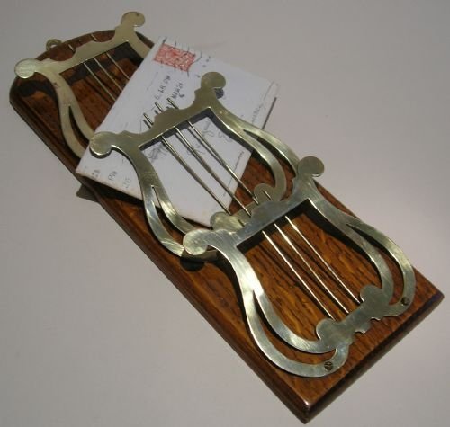 Antique English Oak and Brass Letter Rack / Holder - Lyre Design