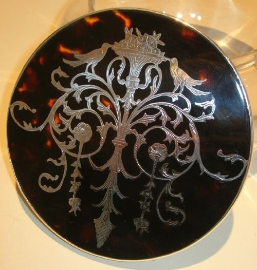 Magnificent Large Glass Powder Bowl - Tortoise Shell and Silver Pique Inlay - Birds