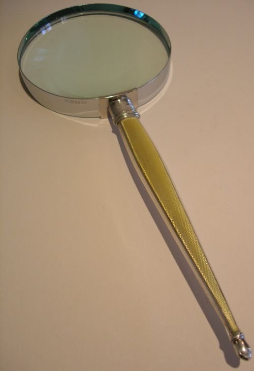 Large Antique Magnifying Glass - Lemon Yellow Guilloche Enamel and Silver Handle